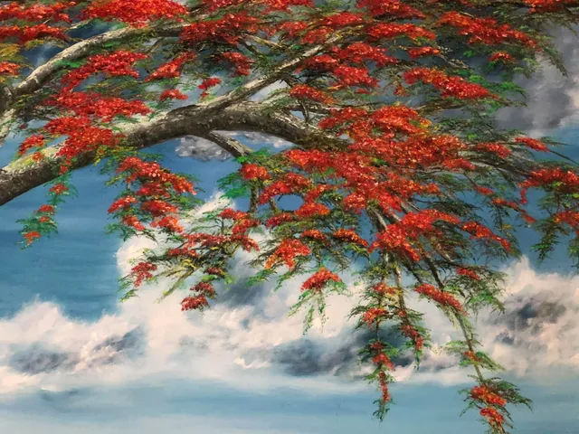 Flamboyán y Mar, óleo sobre lienzo, pintura de Mariela Restrepo